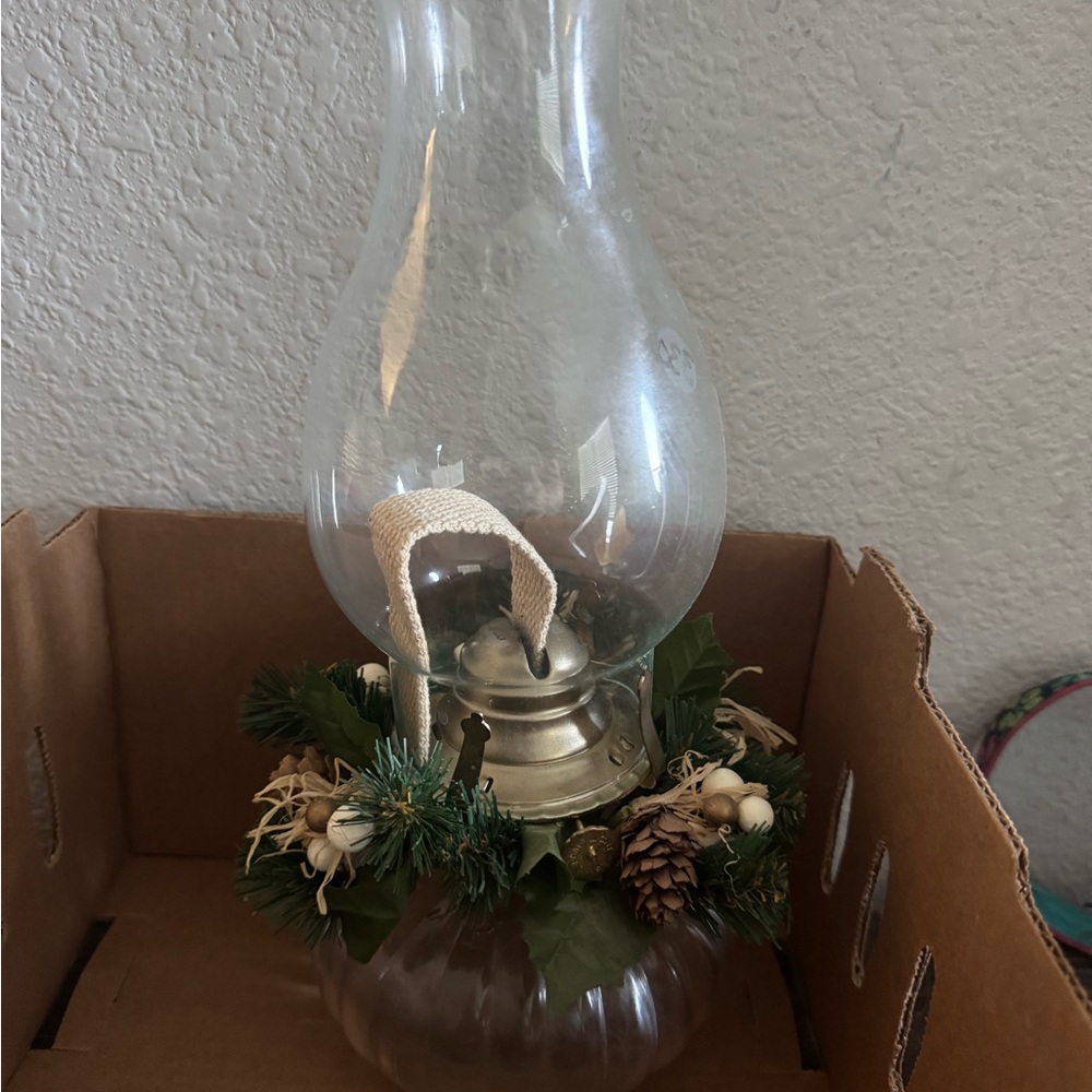 Christmas holiday Oil Lamp with Greenery Accents vintage